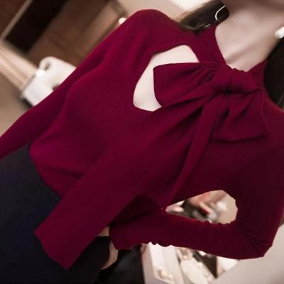 ริบบิ้นสำหรับผู้หญิงอารมณ์เสื้อสีแดงเรียบง่ายใหม่ฤดูใบไม้ร่วง/ฤดูหนาวอารมณ์ฝรั่งเศสการออกแบบความรู้สึกอ่อนโยนเสื้อ