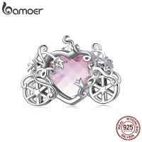 bamoer Shining Magic carriage 925 Sterling silver Pink Heart Glass Crystal Charm fit Jewelry Bracelet Chain Necklace BSC412