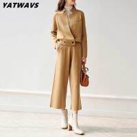 【DT】hot！ Office Knitting Pants Piece Set Collar Coat Top Casual Wide Leg Suits