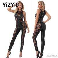 【CW】❐▪  Leather Jumpsuits Erotic Patchwork Sex Sleeveless See-through Catsuit