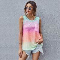 Women O-Neck Sports Sleeveless Yoga Shirt Gradient Padded Sexy Pocket Comfortable Top