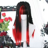 Synthetic Long Straight Hair Red Black Gradient Hair Lolita Cosplay Party Heat Resistant Wig for Women Wig  Hair Extensions Pads