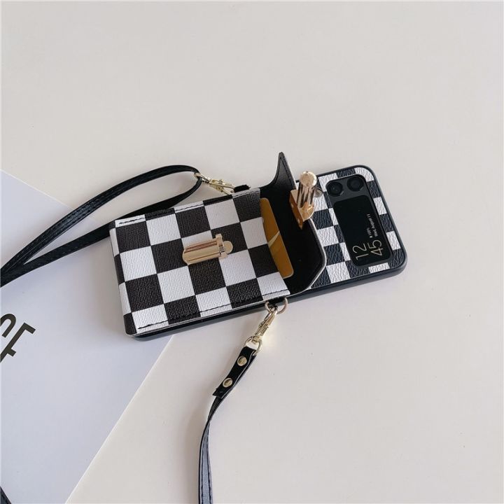 cold-noodles-girl-crossbody-long-belt-chain-checkerboard-purse-phone-case-for-samsung-galaxy-z-flip-4-3-5g-gird-pattern-leather-wallet-cover