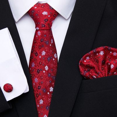 New Red Tie Silk Woven Men Necktie Hanky Cufflinks Set Luxury Men 39;s Party Corbatas Office Gravatas Fit Wedding Gift Holiday