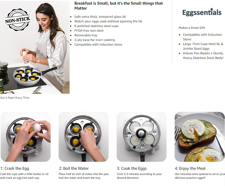 Eggssentials Egg Poacher Pan Nonstick Coating - Poached Egg Cooker, Stainless Steel Egg Poaching Pan PFOA Free with Spatula, Poached Egg Maker, Egg