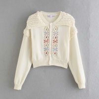 WXWT Za  Autumn Women Embroidery Knitted Cardigan Sweater Vintage Long Sleeve Female Button-up Tops YN3110