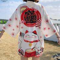 Cat Kimono ญี่ปุ่น Streetwear Cardigan Harajuku Robe สไตล์ญี่ปุ่นเสื้อผ้าฤดูร้อนผู้ชายผู้หญิงสีดำสีขาวเสื้อ Tops