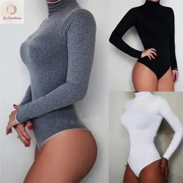 Women Mesh Bodysuit Navy Blue Leotard Turtleneck Tull Long Sleeve