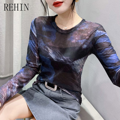 REHIN ใหม่เสื้อยืดแขนยาวพิมพ์ลายคอกลมตาข่ายไล่สีแฟชั่นสำหรับผู้หญิงป้องกันแสงแดด