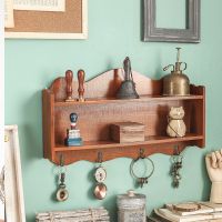 Creative 2-Tiered Vintage Wall Starage Shelf Book Pot Key Holder Rack with Rustic Hooks for Home Decoration