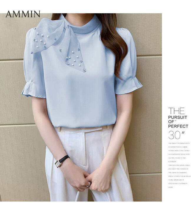 ammin-เสื้อสตรีผ้าชีฟองแขนสั้นผูกโบว์-เสื้อเบลาส์สำหรับผู้หญิงดีไซน์แฟชั่นสไตล์เกาหลีเสื้อแต่งลูกปัดคุณภาพสูงใส่ได้กับทุกชุด