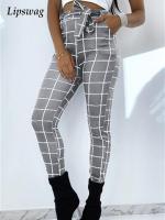 Vintage Plaid Print Slim Fit Pants Women Spring Summer Elegant Fashion Lace-up High Waist Pants Skinny Ladies New Casual Trouser