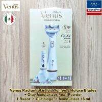 Gillette® Venus Radiant Skin for Women 5 Nuluxe Blades + Olay Moisturizer Pear Powder 1 Razor, 1 Cartridge, 1 Moisturizer 16 ml ยิลเลตต์วีนัส ชุดมีดโกนพร้อมมอยส์เจอร์ไร สำหรับผู้หญิง