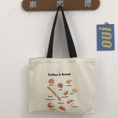 【CW】 New Shoulder for Female Large Capacity Handbag Reusable Shopping Bread Print Canvas Totes