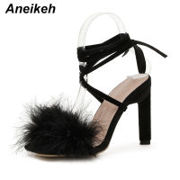 Aneikeh NEW Summer Rome Fashion Furry Cross-Tied Women Pumps 2021 Sexy 11CM Thin High Heel Lace-up Dress Party Ladies Sandals