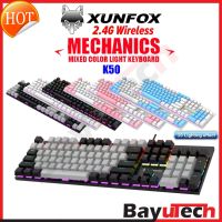 แป้นพิมพ์คอมพิวเตอร์ XUNFOX K50แป้นพิมพ์เชิงกลสำหรับเล่นเกม USB ปุ่ม104แบบสายสีเรืองแสงพร้อมสวิตช์ RGB สีฟ้าอ่อนเกมสำหรับคอมพิวเตอร์พีซี