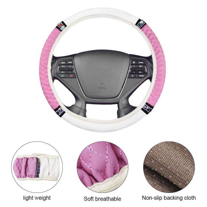 automobile-accessories-พวงมาลัยรถยนต์สีชมพูสีขาว37ซม-38ซม-สำหรับเครื่องประดับ-hiasan-interior-เพชรระยิบระยับสำหรับผู้หญิง