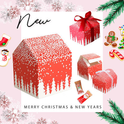 กล่องสแนคบ๊อก /กล่องเค้ก ทรงบ้าน Christmas - Snow RED ( 8 * 7 * 8 cm)/แพ๊ค 5ใบ