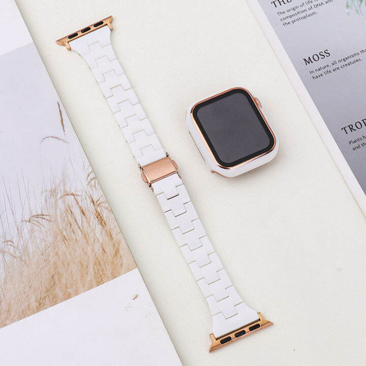 สายเรซิ่น-เคสสำหรับเข้ากันได้กับ-apple-watch-7-6-5-se-สายคล้องคอ-เคสแฟชั่นเอวเล็ก-pc-สีทึบสำหรับ-i-watch-band-45mm-41mm-สายเรซิ่นเทียม