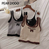 PEAR DODO เสื้อกั๊กสลิงถักแบบสั้นสำหรับผู้หญิงลายตัวอักษรปิดกั้นสีแบบเกาหลี