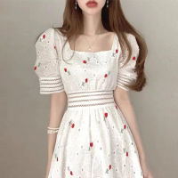 Dress Womens Summer 2022 New Sweet Embroidery Square Neck Hollow A-line Dress Waist Puff Sleeve Mid-length Dress