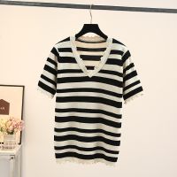 【มีไซส์ใหญ่】Plus Size Womens V-neck Striped Summer Shirts Oversized Knitted Fashion Female Tops Vintage Casual Top