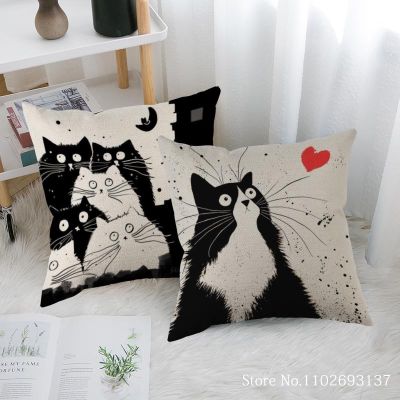 ปลอกหมอนซิปสี่เหลี่ยมผ้าฝ้าย-ลินินปลอกหมอนพิมพ์แมวขาวดำน่ารักปลอกหมอนตกแต่งสำหรับงานแต่งงาน