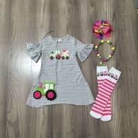 Summer Girl Grey Stripe Short Sleeve Tractor Pig Embroidered Dress with Sock, Purse, Bow and Necklace