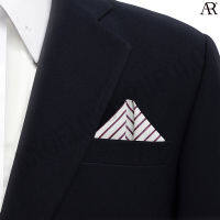 ANGELINO RUFOLO Pocket Square(ผ้าเช็ดหน้าสูท) ผ้าไหมทอผสมคอตตอนคุณภาพเยี่ยม ดีไซน์ Classic Stripe สีเลือดหมู-ขาว