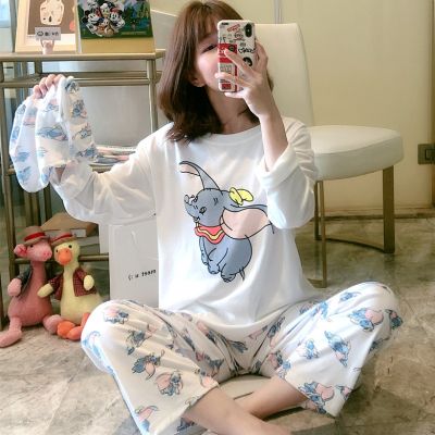 2021Autumn Winter Dumbo Cute Kawaii Pjamas for Women Home Suits White Long Sleeve Tshirt and Print Trousers Pajamas for Sleep