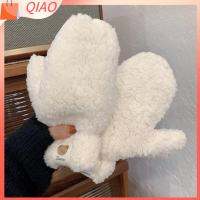 QIAO คอห้อยคอ ตุ๊กตาผ้านุ่ม ถุงมือสำหรับนักเรียน สีทึบทึบ นิ้วมือทั้งหมด สองชั้น ถุงมือหน้าหนาว ถุงมือขนหมี