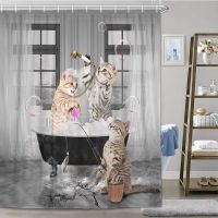 3D Digital Printing Resistant Waterproof Bathroom Shower Curtain Funny Cat Shower Curtain Fun Animal in Bathtub with Fish Cloth Fabric Shower Curtain Hilarious Pet Bathroom Decor Set with Hooks