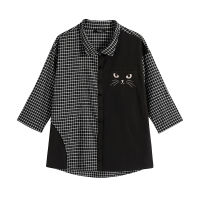 KESTY Womens Plus Size Spring Cotton Plaid Shirt Printed Cat Pattern Lapel 34 Sleeve Casual Top