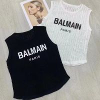 2022 Original Balmain∮ Paris Women S New Summer New Sexy All-Match Vest T-Shirt Shoulder Button Hollow Ironing Letter Vest Top Ice Silk Thin Sweater Outer Wear Tight-Fitting And Slim Sleeveless Short Top