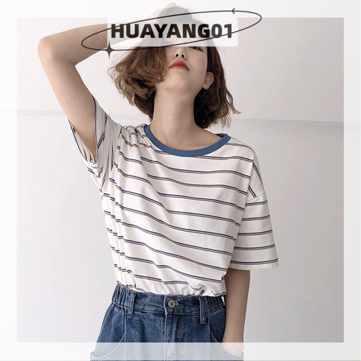 huayang01-2023-new-hot-fashion-lazlook-เสื้อยืดแขนสั้นลายทางวินเทจสำหรับผู้หญิงเสื้อยืดคอกลมทรงหลวมลำลอง