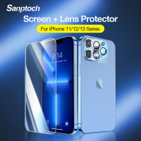 Sanptoch ฟิล์มป้องกันหน้าจอ,สำหรับ iPhone 11 / 12 / 13 Pro Max พร้อมตัวป้องกันเลนส์กล้องสำหรับ iPhone 13 Mini 9H ฟิล์มกระจกนิรภัยหนา9H เคสกันรอยขีดข่วน HD เป็นมิตร