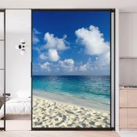 Sea Scenery No Glue Privacy Window Film Vinyl Static Cling Frosted Stained Glass Decorative Window Sticker Window Film 3 Window Sticker and Films