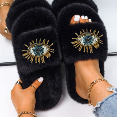 Fur Slippers Women Designer Furry Slides Ladies Flip Flops Eye Decor Faux Fur Sandals Indoor Slippers Female Luxury Shoes 2022