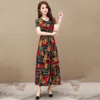 【Printed dress】 ❥Ibu-ibu yang berusia pertengahan dan tua memakai gaun panjang 2020 rok besar bercetak musim panas yang baru memperlihatkan skirt selutut yang tipis☟