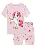 2pcs Toddler Girls Cotton Pajamas Outfit Cartoon Unicorn Graphic Crew Neck T-Shirt Top &amp; Elastic Waist Shorts Sleepwear