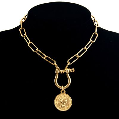 【CC】 Minimalism Lock Medal Necklace steel Coin Pendant Choker Punk U heavy Chain Jewelry