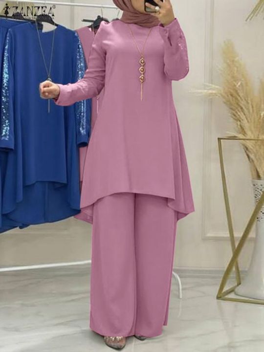 zanzea-แฟชั่นชุดจับคู่มุสลิมเสื้อแขนยาวคอกลมกางเกงขากว้างวินเทจพรรคอิสลามเสื้อผ้าชุดที่สง่างาม-outifits