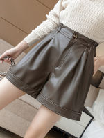 Aigo Casual Female Elastic Waist Wide Leg Pu Faux Leather Shorts Spring Summer Button Loose Straight Shorts Ladies Bottoms