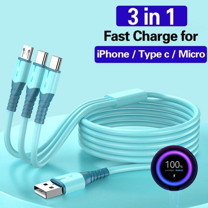 3 in 1 66W USB Fast Charging Cable For iPhone 14 Samsung Xiaomi Huawei