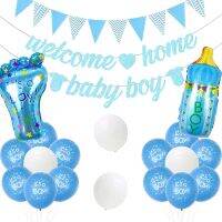 Blue Welcome Home Baby Shower Party Decoration Glitter Banner Bottle Baby Foot Balloons for Newborn Pink Welcome Baby Boy Girl