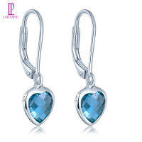 รูปหัวใจ Drop Dangle ต่างหู Real London Blue Topaz 925เงินสเตอร์ลิง Fine Elegant เครื่องประดับสำหรับผู้หญิง New