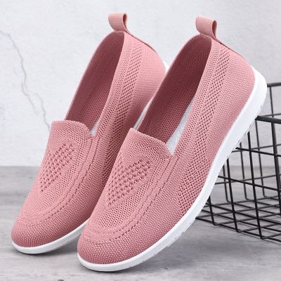 รองเท้าบัลเล่ต์ไม่มีส้นรองเท้าโลฟเฟอร์39; S Sepatu Slip On ถักสำหรับผู้หญิง,รองเท้ากีฬาส้นตึกสีแดงสวมใส่สบาย