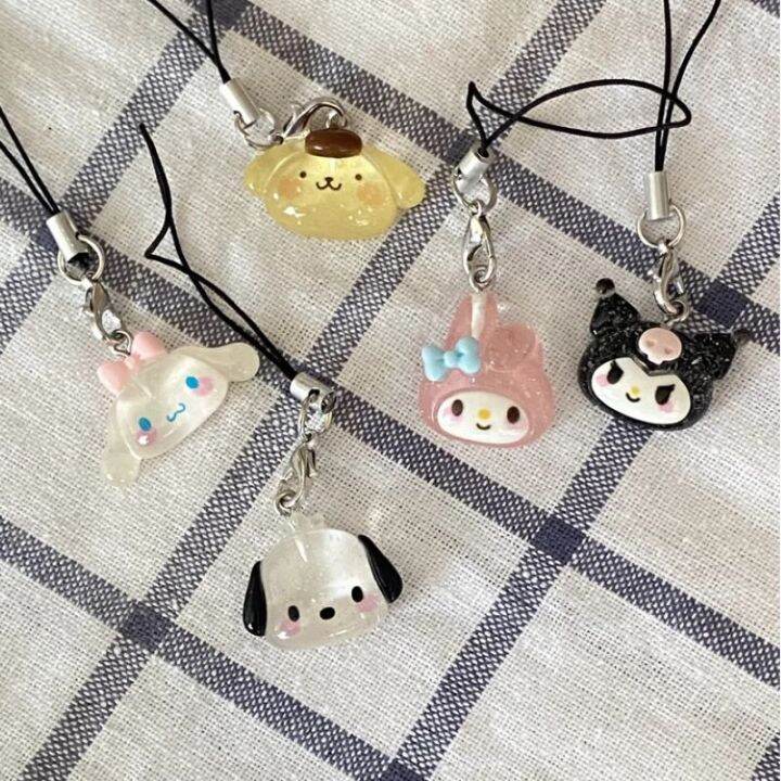 4ชิ้นใสแฟลช-sanrio-จี้ห้อยโทรศัพท์-kuromi-pacha-สุนัขสาวหัวใจยูดิสก์เครื่องประดับถุงเชือก