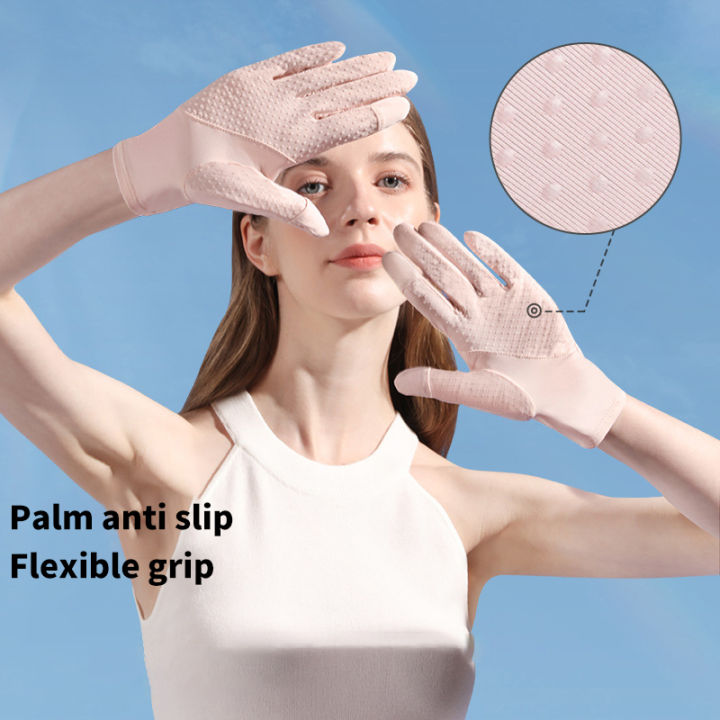 laogeliang-ถุงมือกันแดดผ้าไอซ์ซิลค์สำหรับผู้หญิง-ถุงมือบางระบายอากาศกันลื่นเปิดนิ้วหน้าจอสัมผัส