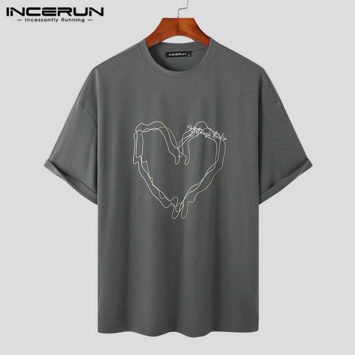 incerun-เสื้อเบลาส์ลำลองสำหรับวันหยุดเสื้อยืดคอกลมหัวใจผู้ชายแขนสั้น